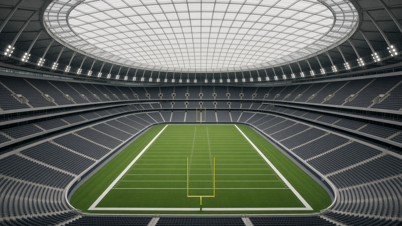 Empty modern domed football stadium with gray seating tiers wrapping a green football field with yellow goalposts under bright overhead lights and a closed translucent roof