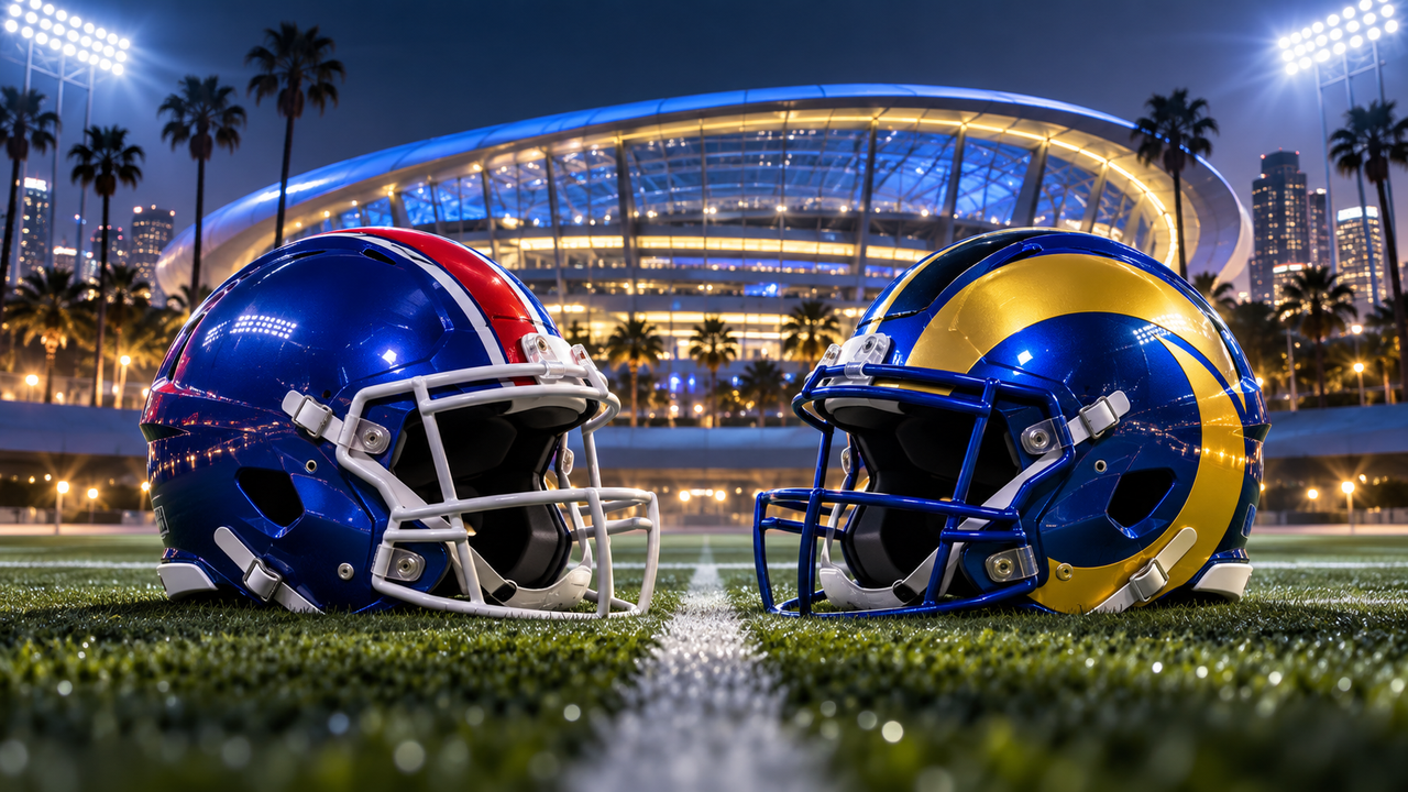 Blue and red and blue and gold football helmets outside a Los Angeles stadium at night