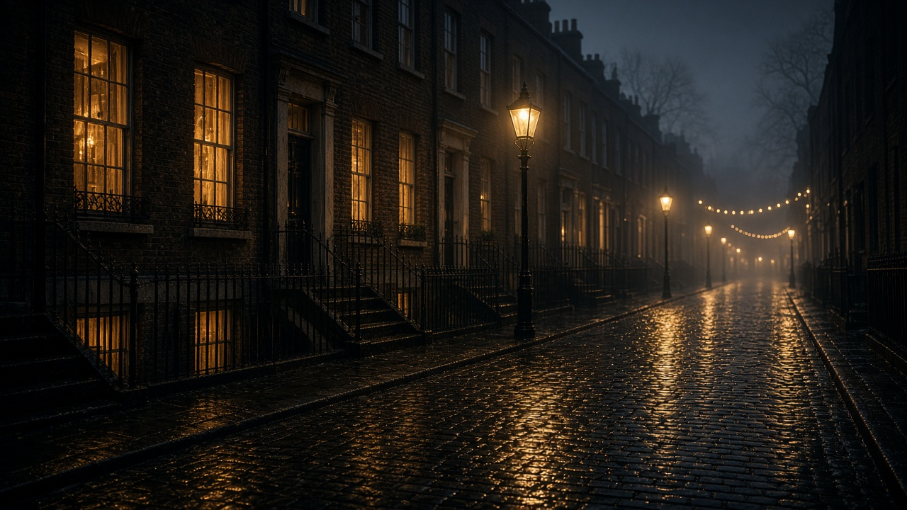 Empty rain-wet cobblestone street in London at night with glowing terrace windows, iron railings, old street lamps and fog, no people, no text, no logos