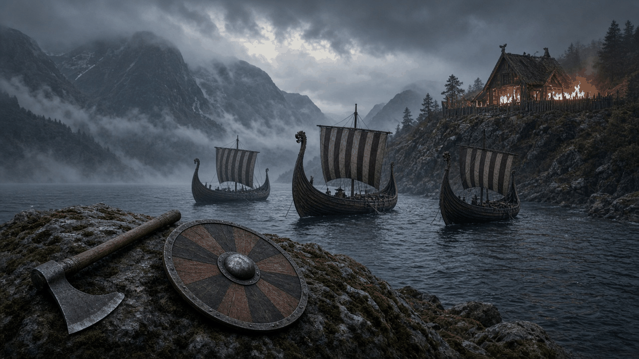 Empty Viking longhouse beside a cold Norwegian fjord at dawn, with no people, text or logos