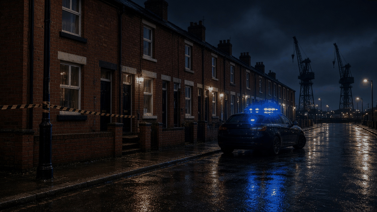 Rainy Belfast street outside an empty police station at blue hour, with no people, text or logos