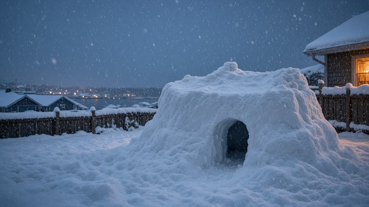 Large snow fort with an arched doorway in a snowy seaside backyard at dusk during a heavy snowfall