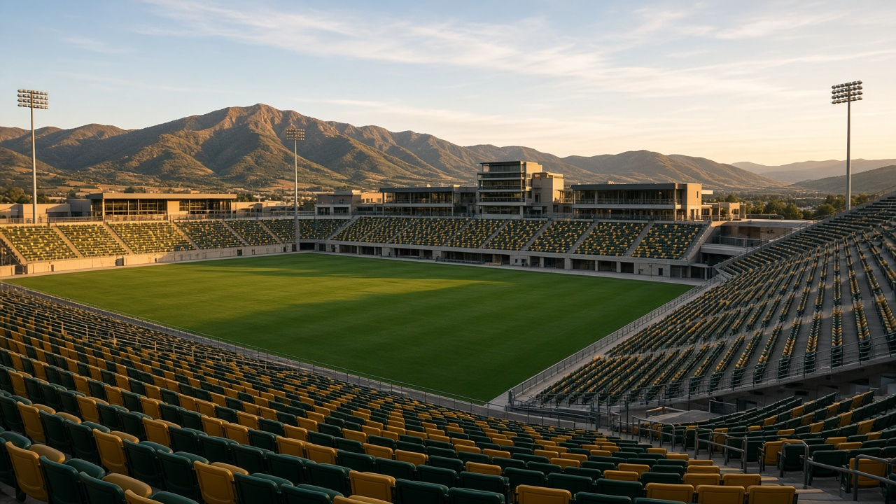 Empty college football stadium with foothills beyond at golden hour, no people