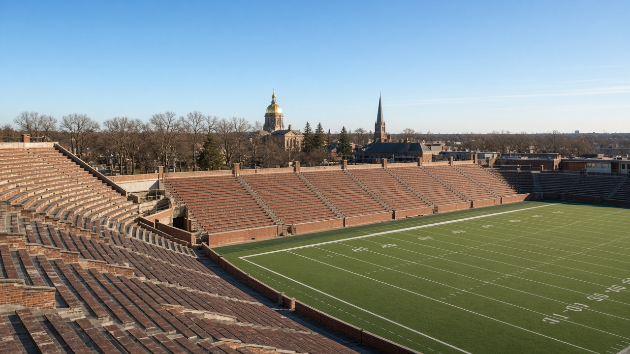 Empty historic brick college football stadium with a campus dome and spire beyond, no people