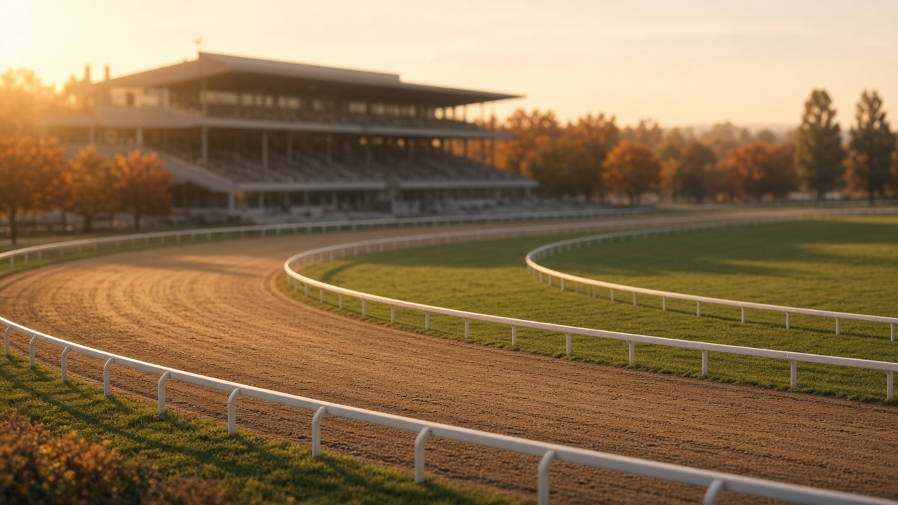 Empty dirt horse racing oval with a white rail and green turf course on an autumn afternoon, fall trees and a stone grandstand in the background, no people or horses