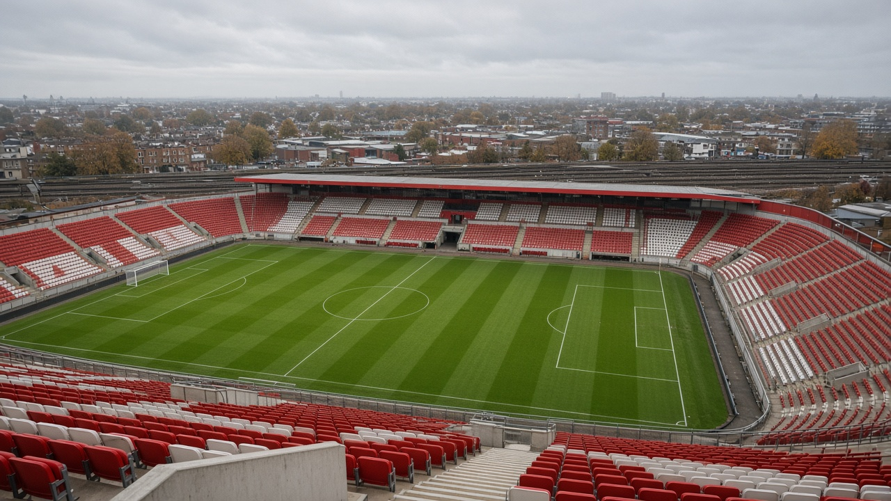 Empty compact English football stadium with red seats and a striped green pitch on an overcast morning, no people