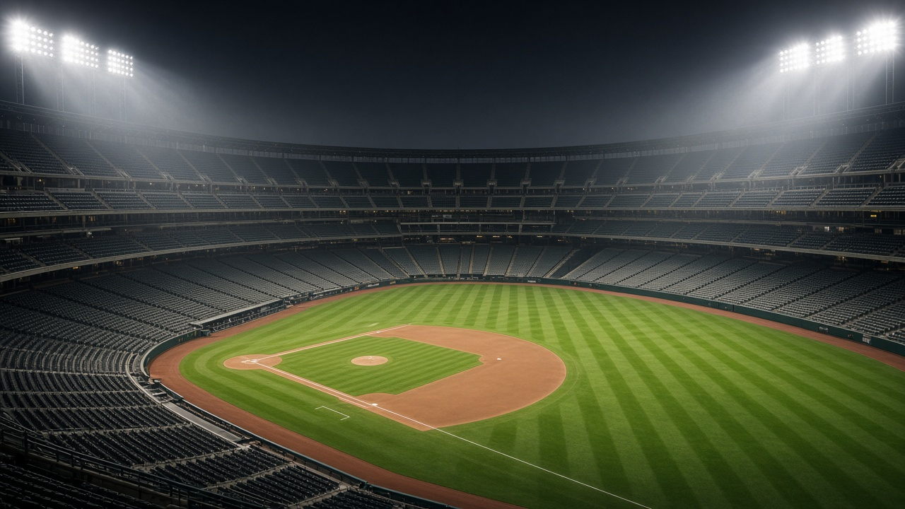 Empty baseball stadium at night under bright stadium lights, with a freshly lined infield, striped outfield grass and rows of empty seats, no people, no text, no logos