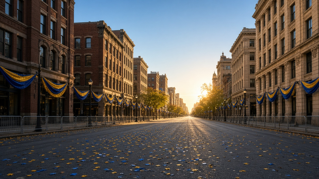 Empty downtown avenue lined with historic buildings, confetti and barricades on an autumn morning, no people