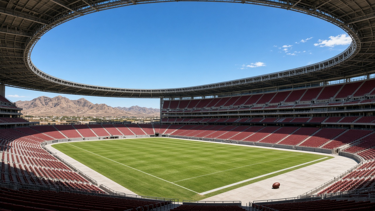 Desert football stadium with a retractable roof at sunset, framed by saguaro cactuses and distant mountains under an orange sky