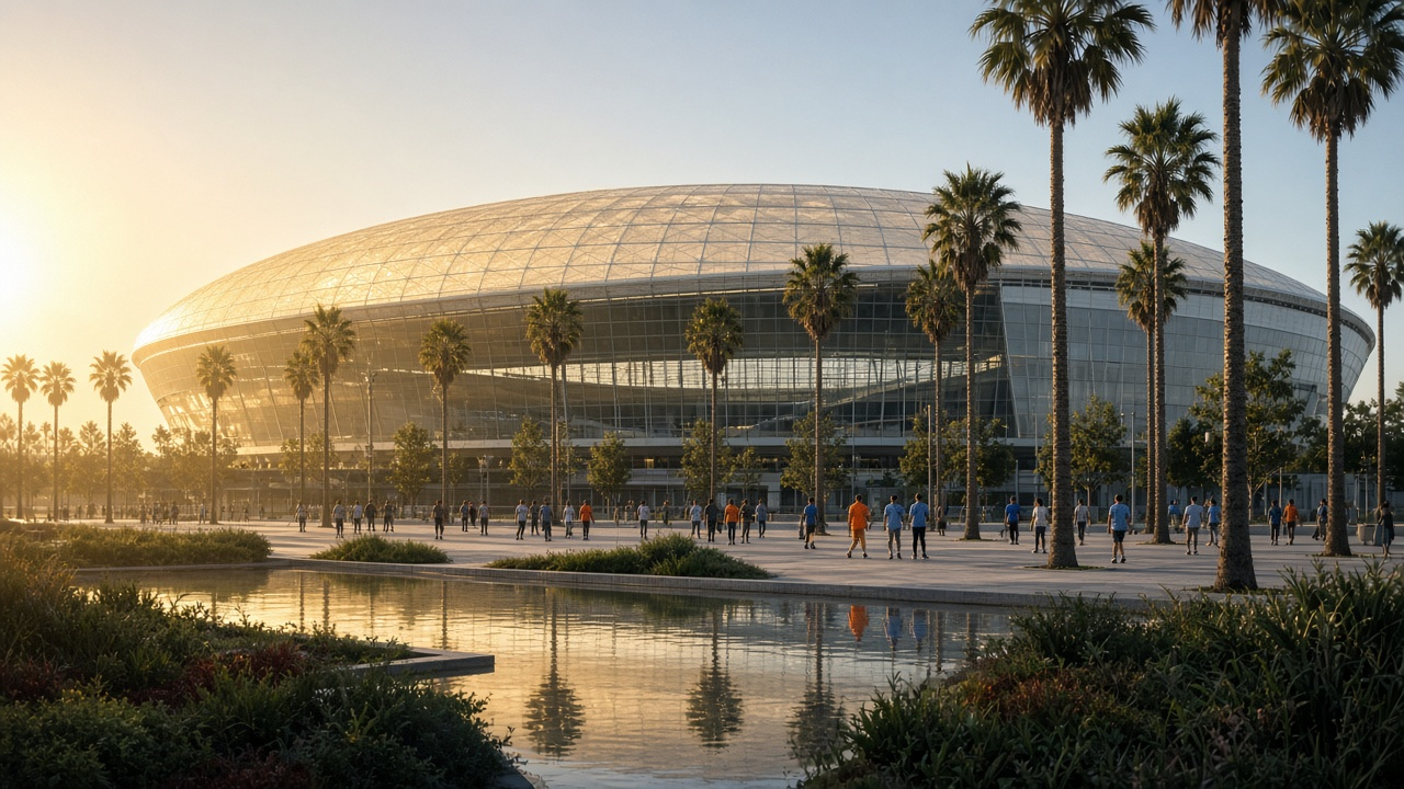 Modern open-air football stadium under a translucent canopy roof near the Southern California coast, palm trees glowing in late-afternoon light