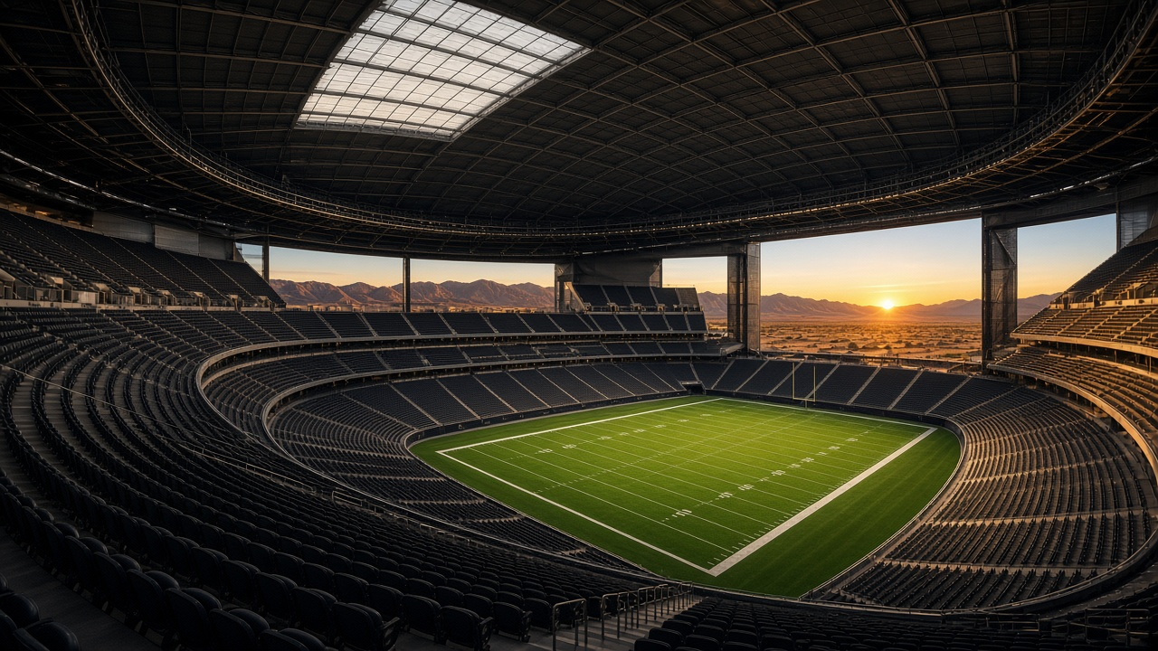 Sleek domed football stadium in the desert with a dark glossy roof and distant mountains at dusk, no people