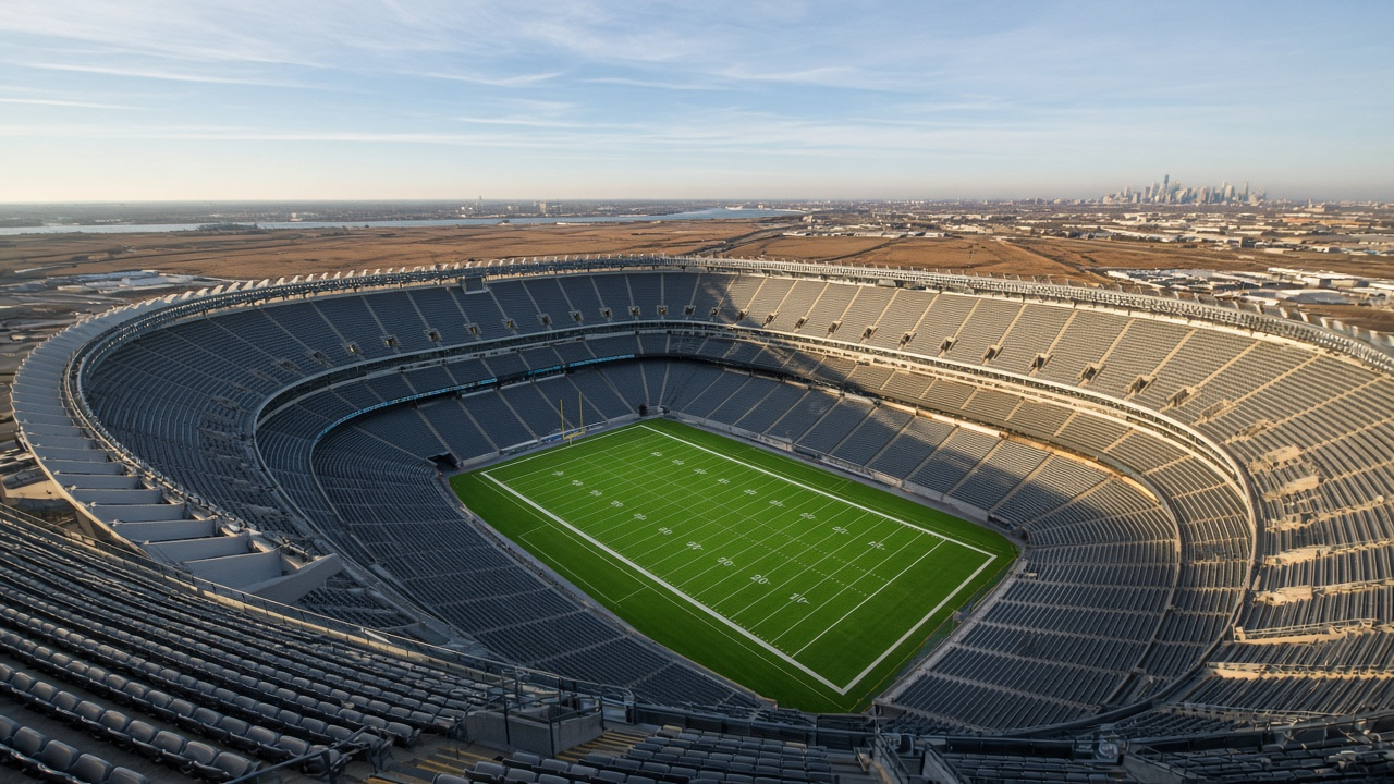 Empty large open-air football stadium surrounded by marshland under a pale winter sky, no people