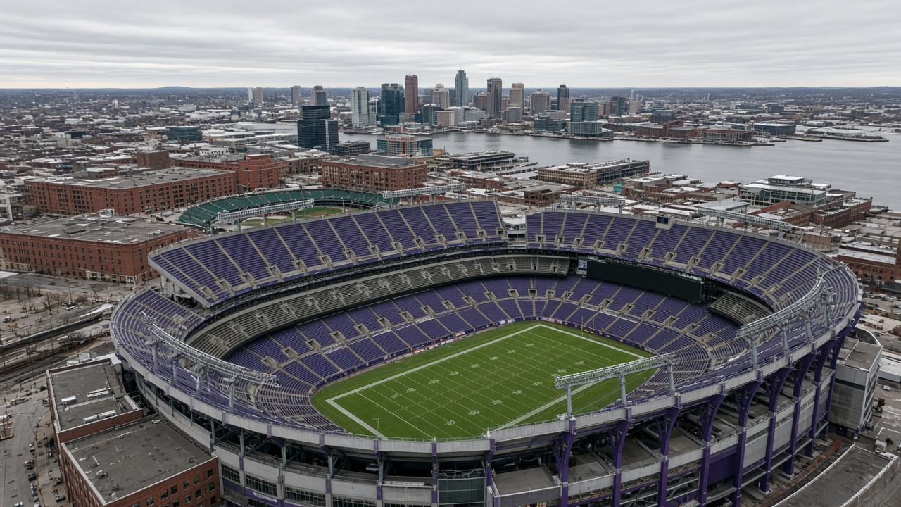 Downtown open-air football stadium beside a harbor city skyline on a gray winter afternoon, no people