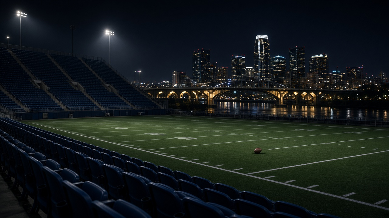 Empty open-air riverside football stadium on a sunny autumn afternoon, empty navy and light blue seats, a truss bridge and city skyline beyond and a football on a kicking tee at midfield