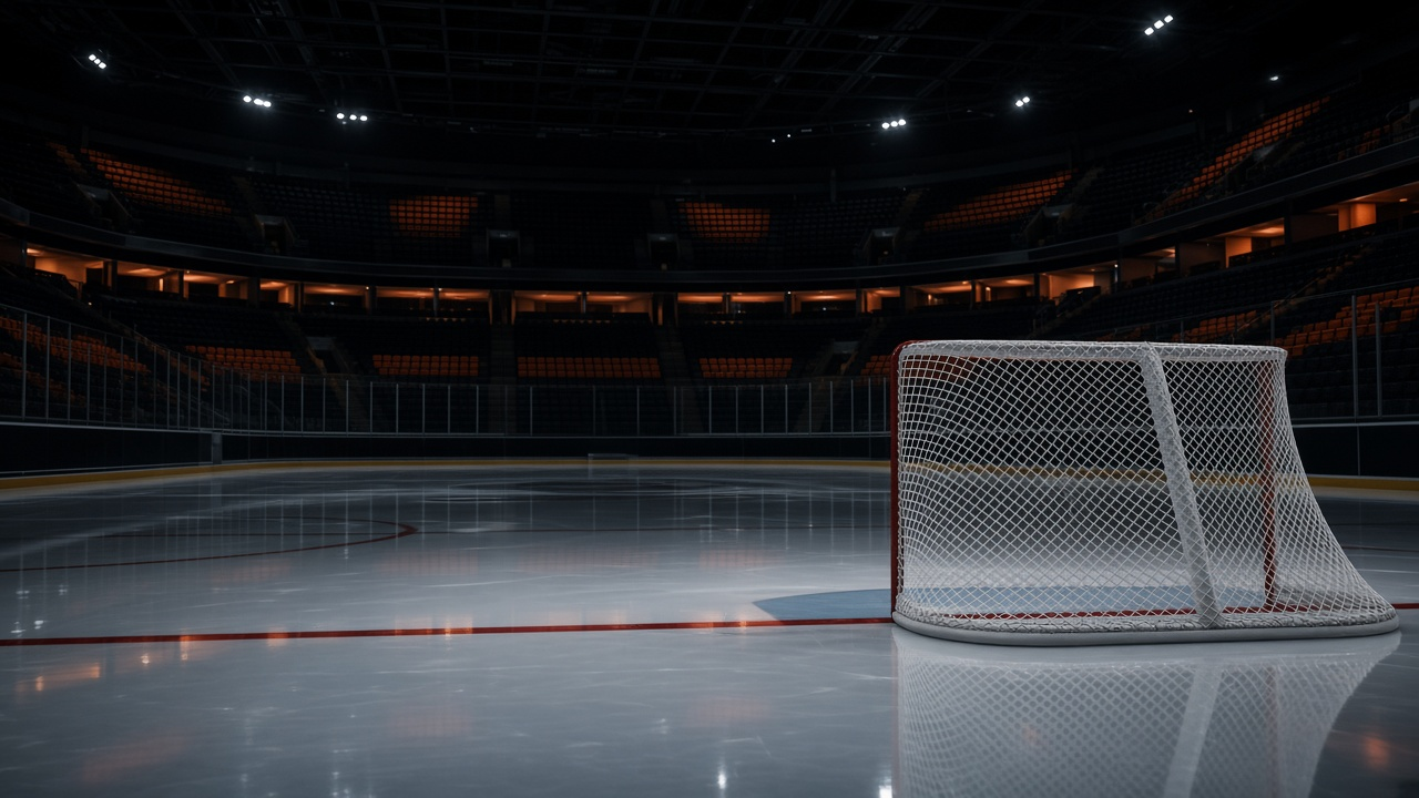 Empty hockey arena at night with pristine unmarked ice, rows of vacant seats and cool blue arena lighting, photoreal, no people, text or logos
