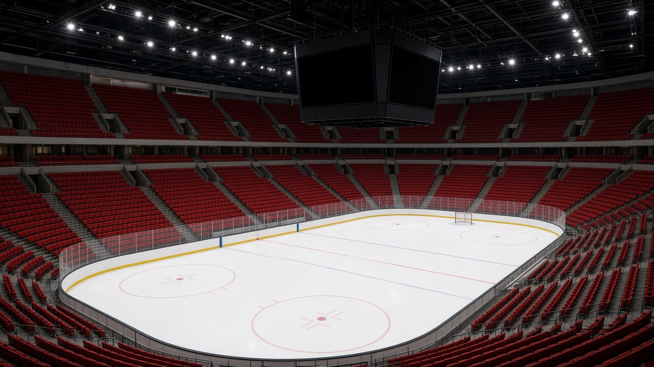 Empty hockey arena with fresh white ice and red seats, no people