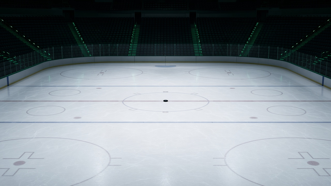 Empty hockey arena with freshly resurfaced ice, a puck resting on the blue line and a net at the far end below rows of empty seats