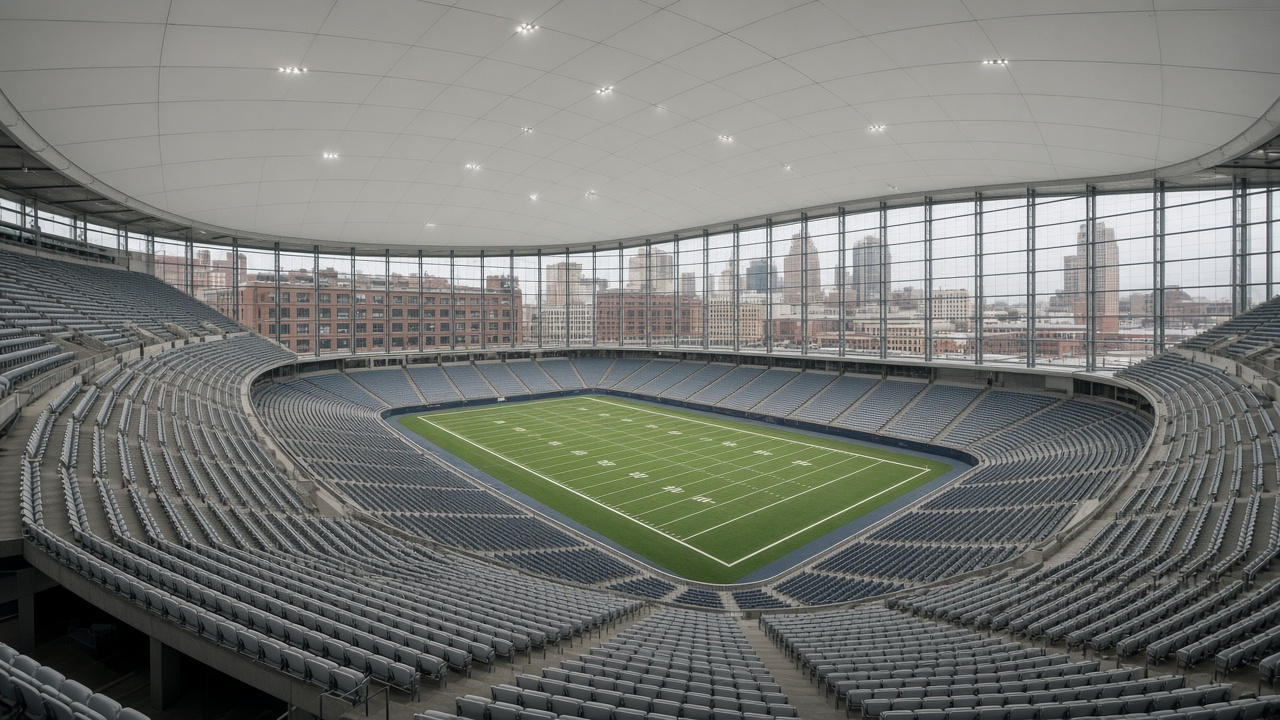 Empty indoor domed football stadium with tall glass windows overlooking a downtown skyline on a gray day, no people