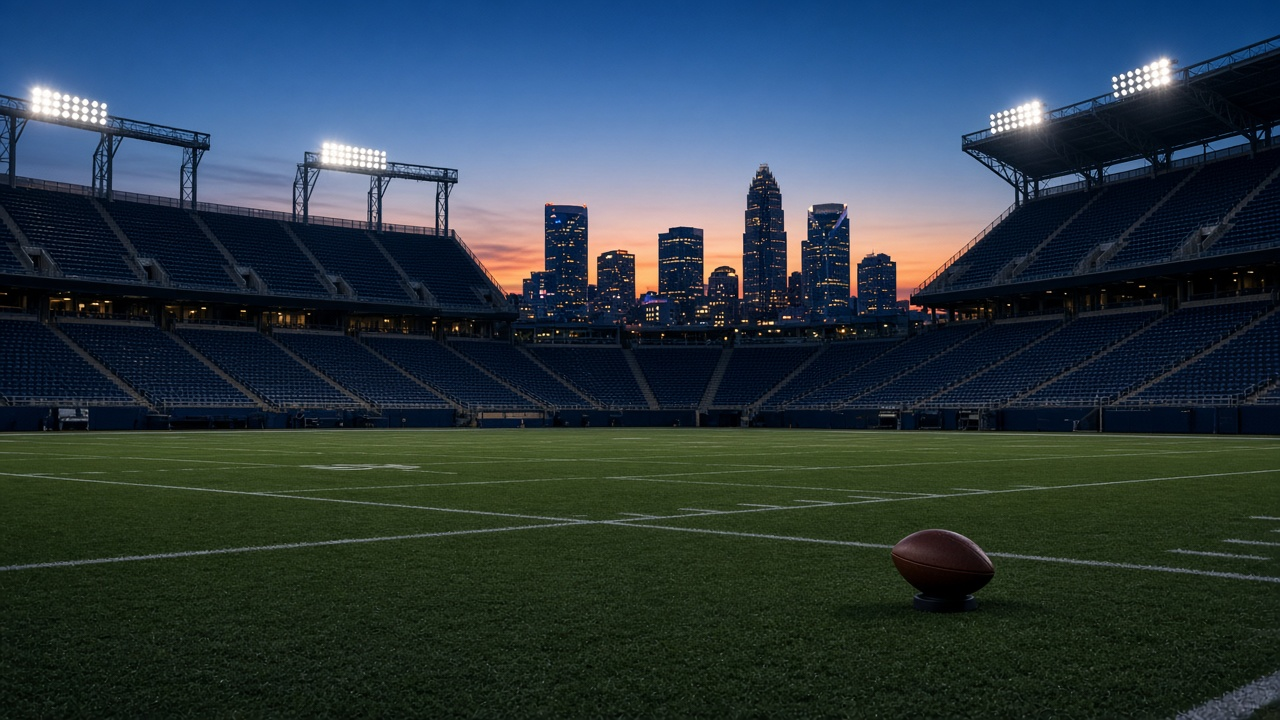 Empty open-air football stadium in a city at golden hour, empty black and blue seats in curved tiers and a football on a kicking tee at midfield
