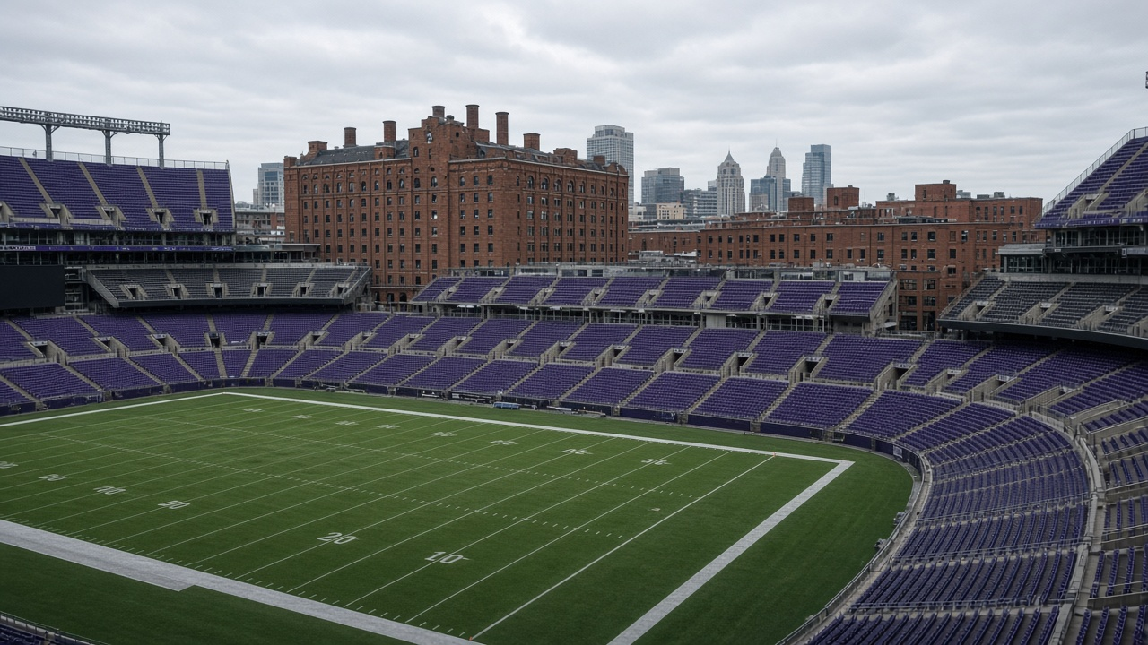 An empty downtown football stadium with purple seats and brick warehouses under a gray sky