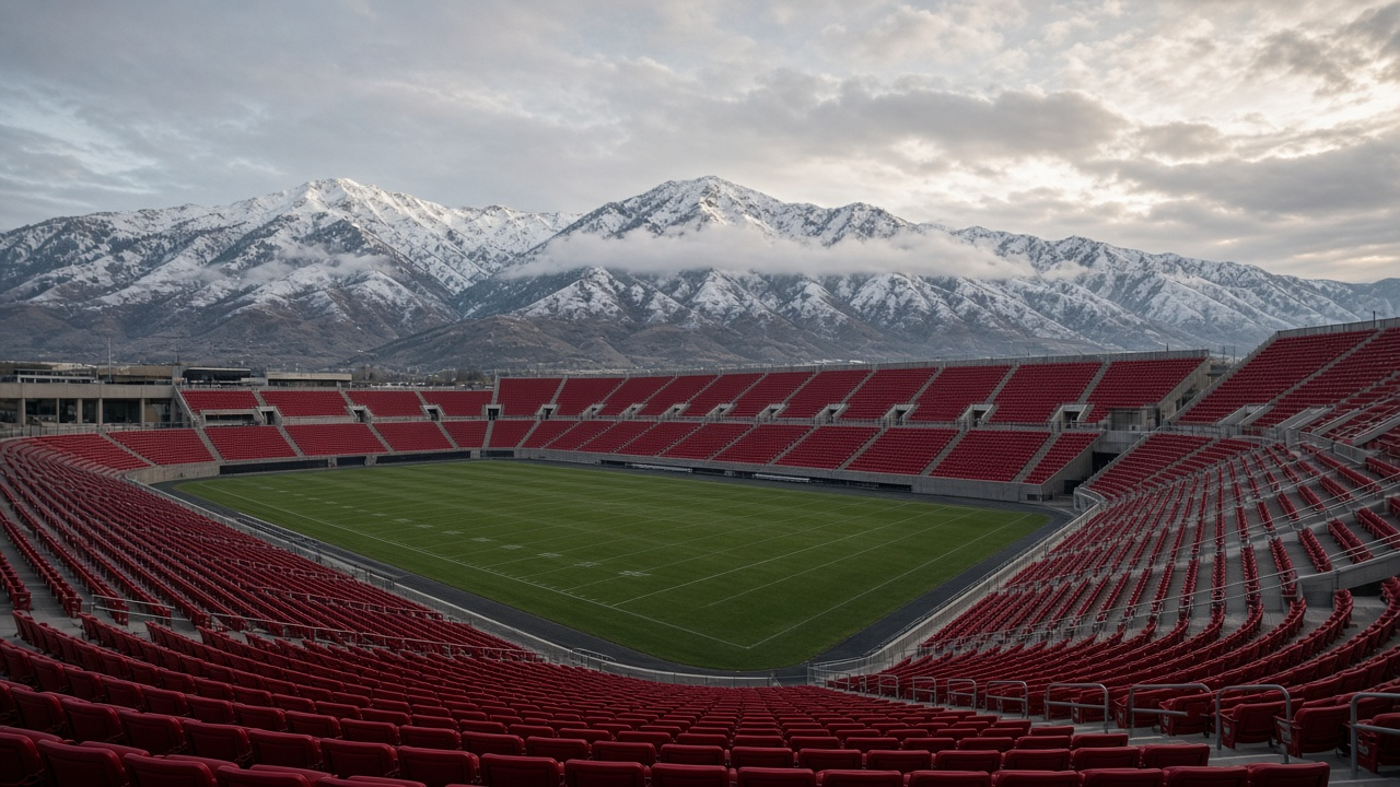 Empty college football stadium with snow-dusted mountains behind the stands, no people