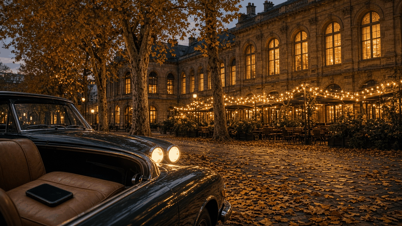 Honey-colored stone university building with glowing arched windows at autumn dusk, a courtyard covered in golden leaves, a string-lit cafe terrace and a vintage black convertible with its headlights on, no people, no text, no logos