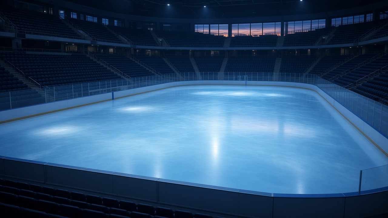 Empty indoor hockey arena with freshly resurfaced ice under bright lights and rows of empty seats, no people