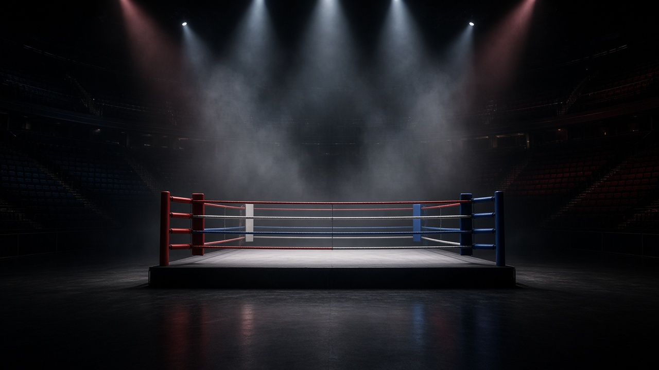 Empty professional boxing ring under warm spotlights in a dark arena, red and white ropes, empty corner stools and red boxing gloves on the apron, no people or logos