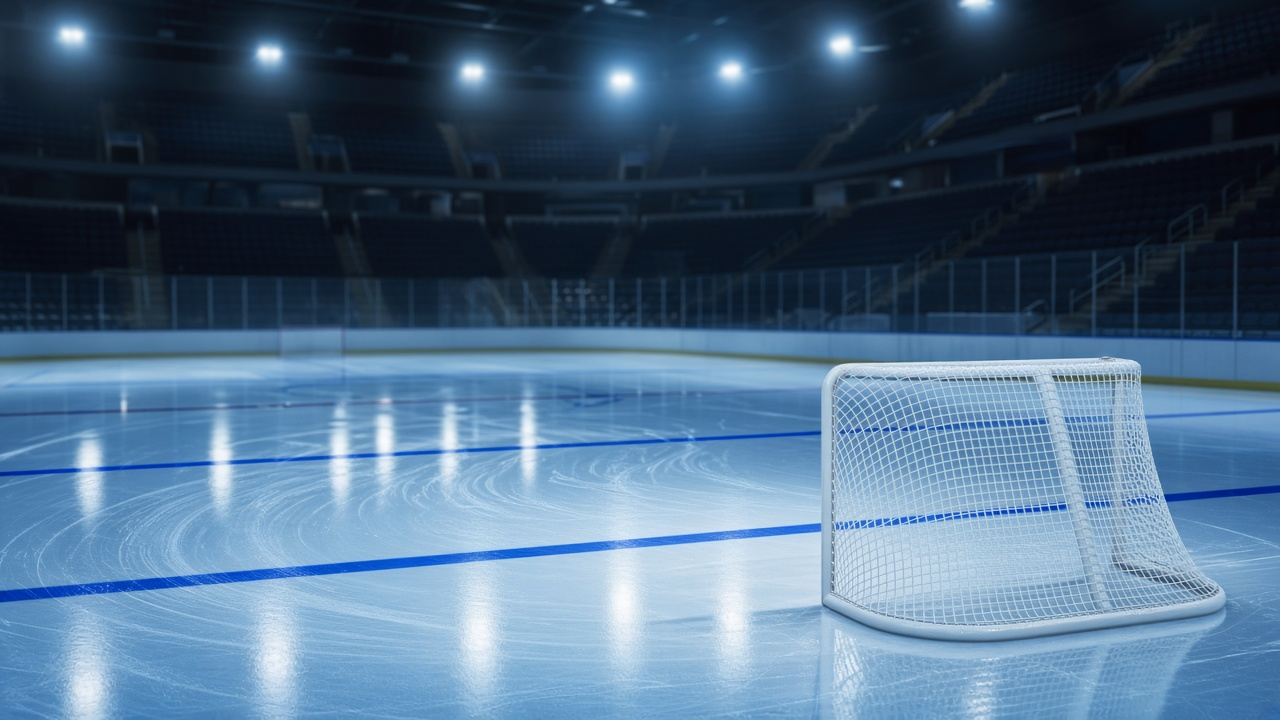 Empty hockey arena ice under bright lights with a hockey net and rows of empty dark seats, photoreal, no people, logos or text