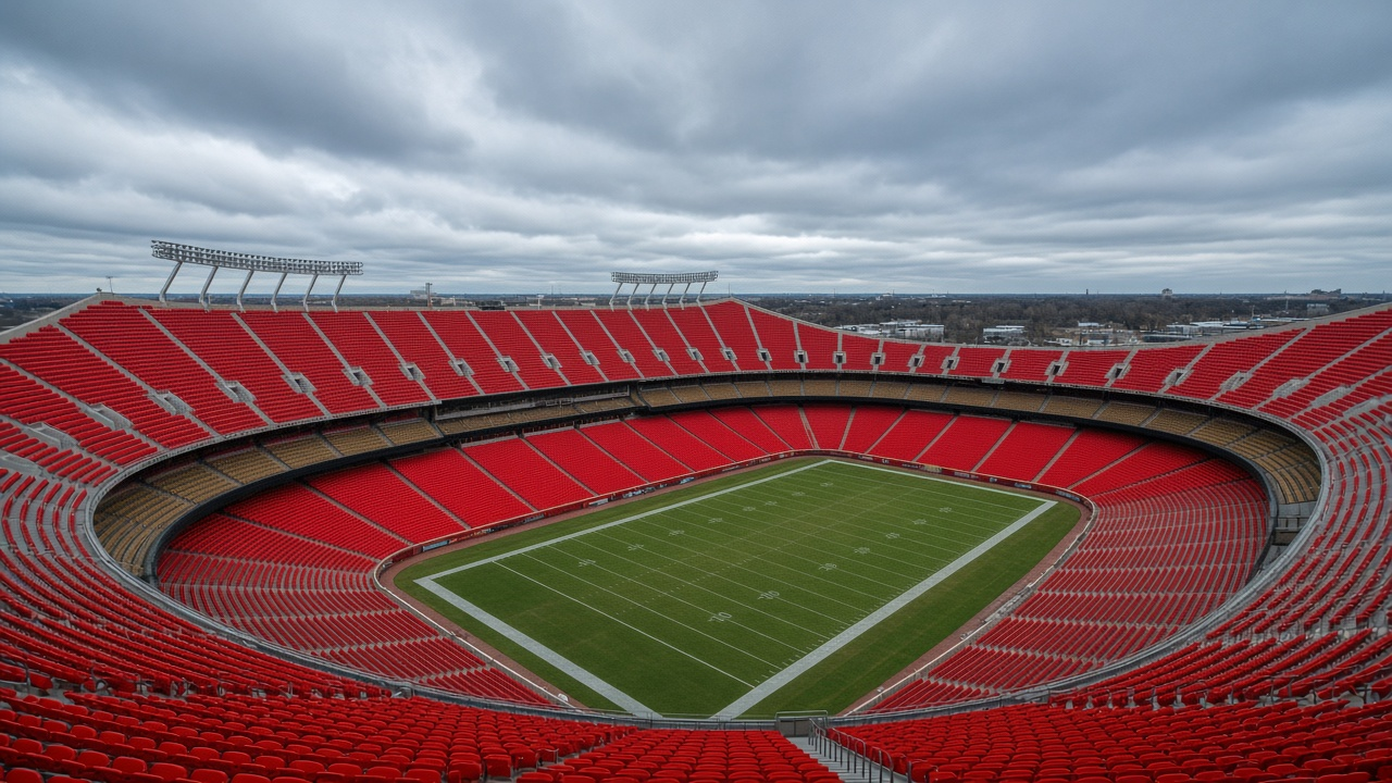 Empty open-air football bowl stadium under a gray late-autumn Midwest sky with bare trees beyond, no people