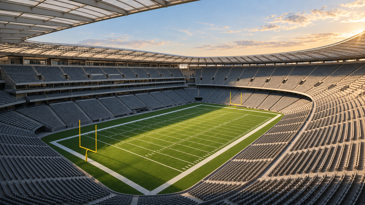 An empty modern open-air football stadium with sweeping tiers of gray and silver seats around a bright green field, lit by warm afternoon Southern California sun under a clear blue sky