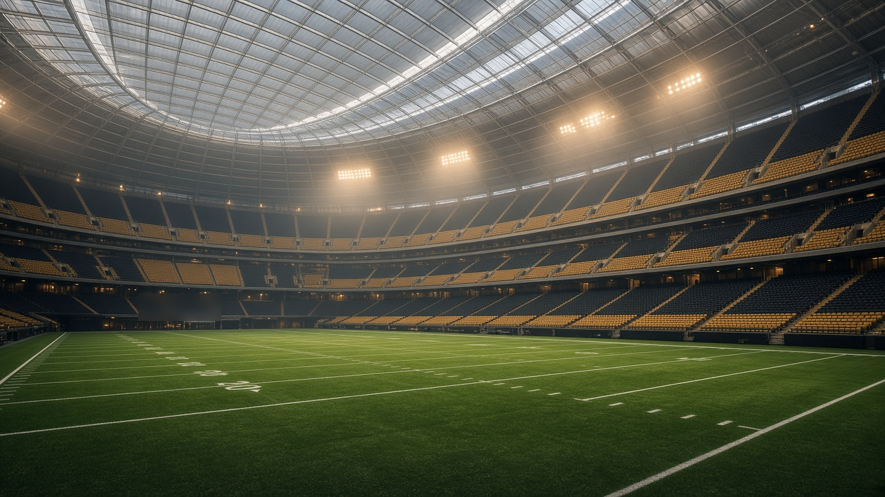 An empty domed football stadium with gold and black seats under a vast curved roof and warm arena lights