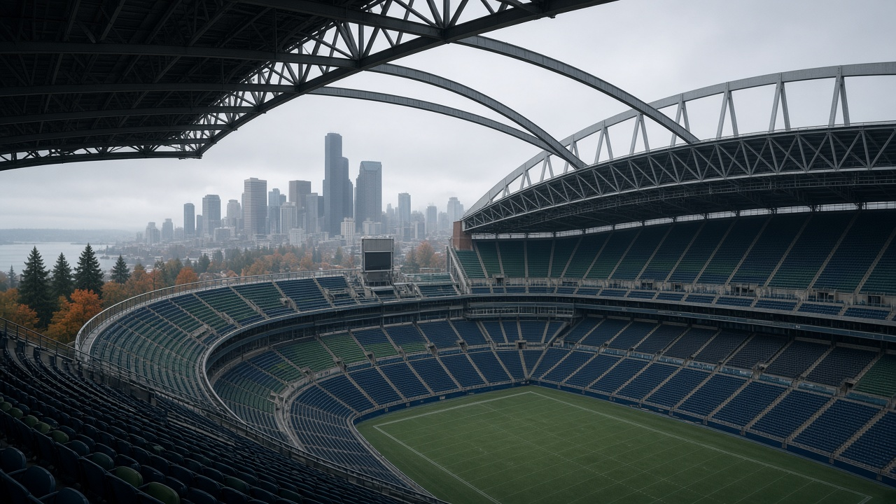 Empty football stadium on a misty autumn afternoon with curved roof arches and the skyline beyond, no people