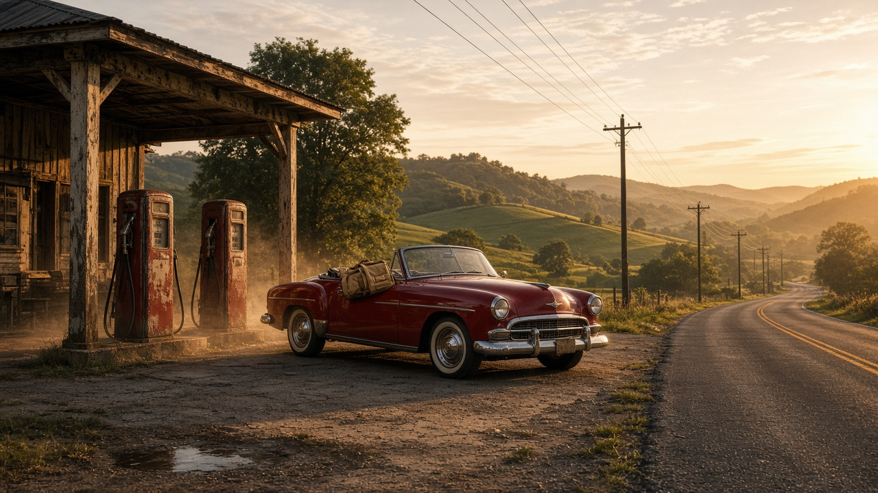 Vintage red convertible with a duffel bag on the seat, parked by old fuel pumps at a rural gas station on a Southern highway at golden hour