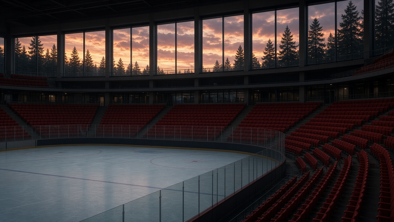 Empty hockey arena with glowing fresh ice and rows of empty red seats, no people