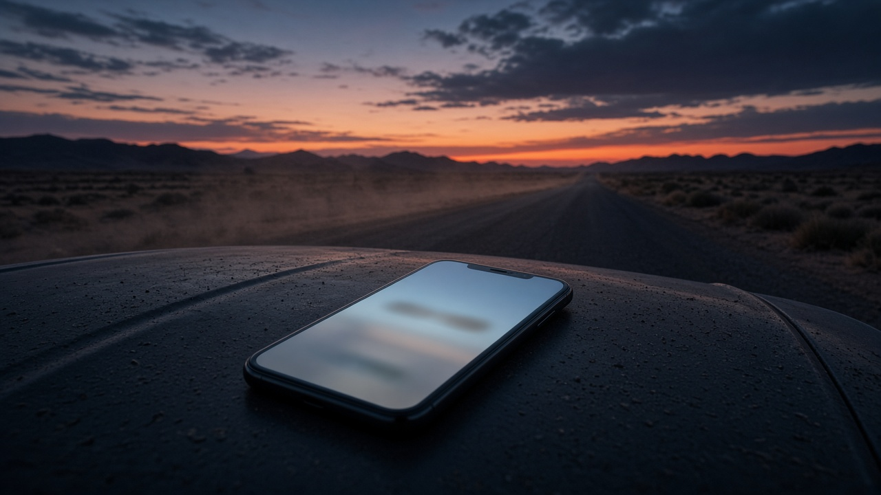 A smartphone with a blurred glowing screen lying on the hood of a car on an empty desert road at dusk, no people, no text, no logos