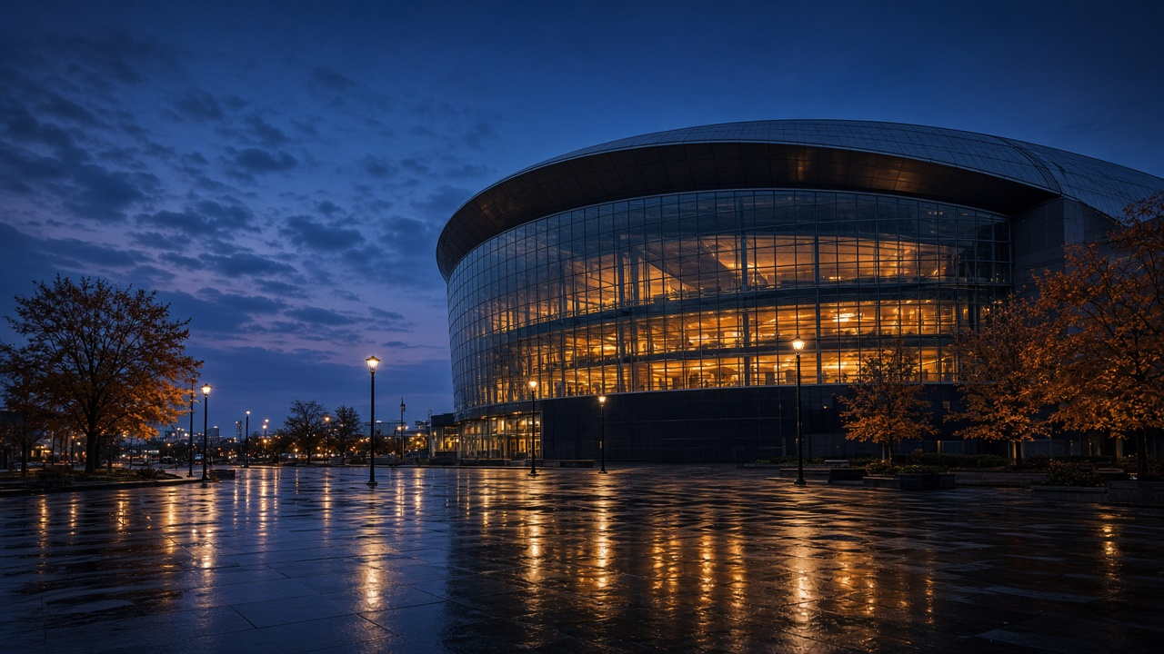 Glass-walled basketball arena glowing at dusk above an empty, rain-slicked plaza lined with autumn trees