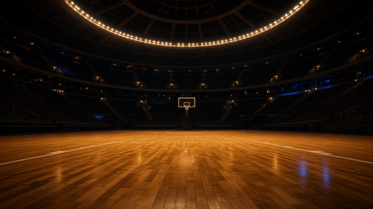 An empty big-city basketball arena at night, seen low along the polished hardwood toward one basket under a ring of ceiling lights, no people