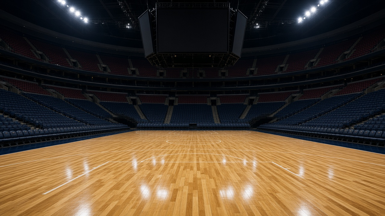 Empty basketball arena with a glossy court and empty seats, no people