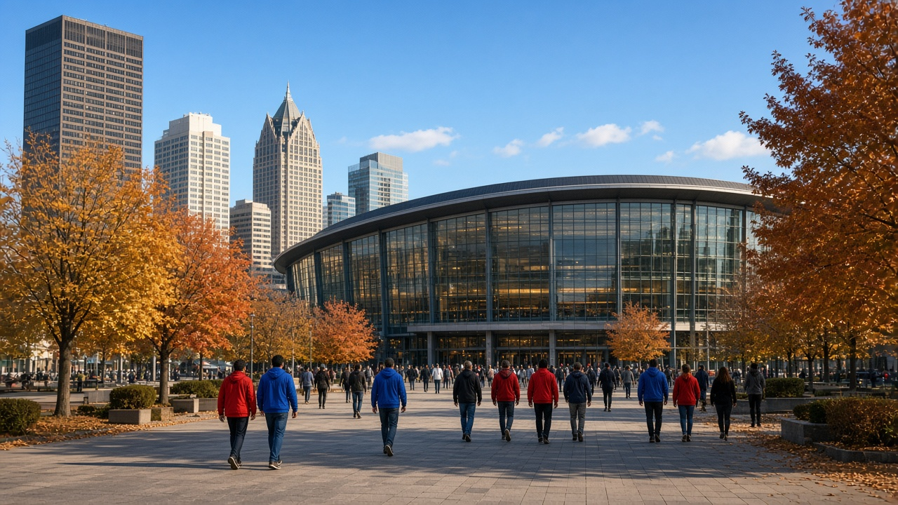 Basketball fans in red and blue walking across a sunny downtown Detroit plaza toward a glass-fronted arena on an autumn afternoon