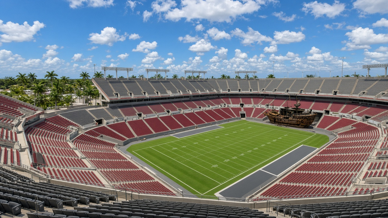 Empty open-air football stadium with palm trees and a bright blue Florida sky, no people