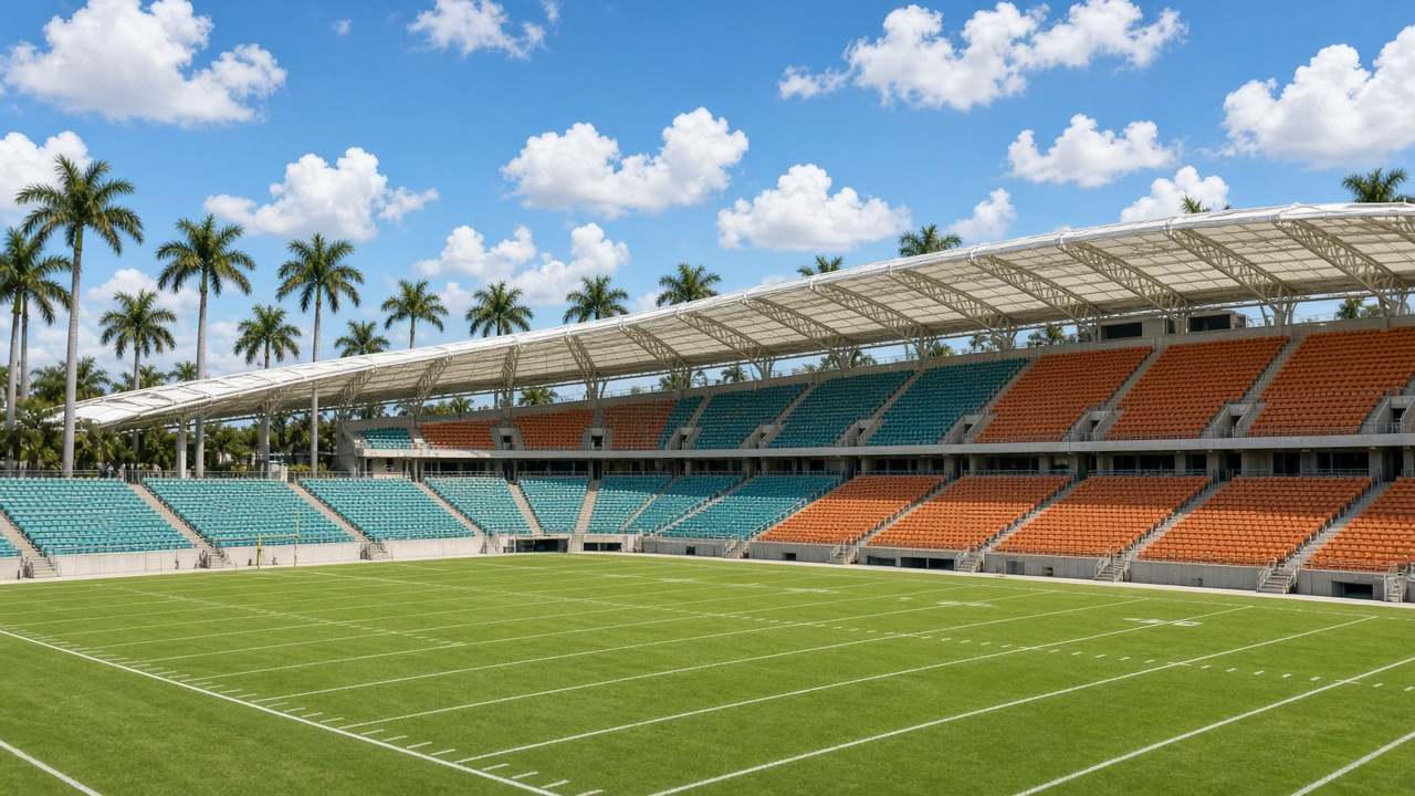 An empty open-air football stadium with teal and orange seats, a white canopy roof and palm trees under a blue sky