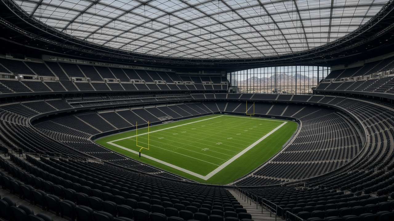 Empty domed football stadium with a translucent roof and soft daylight on the field, no people