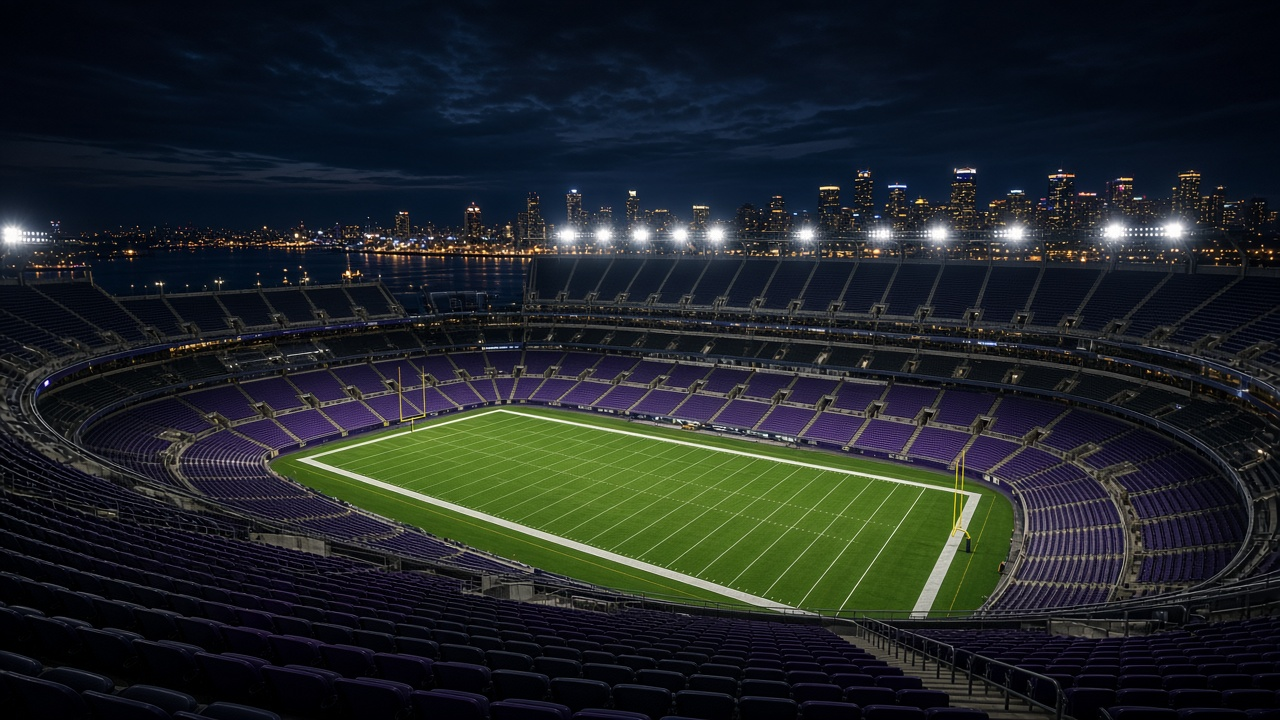 Empty football stadium at night under bright lights with the harbor skyline beyond, no people