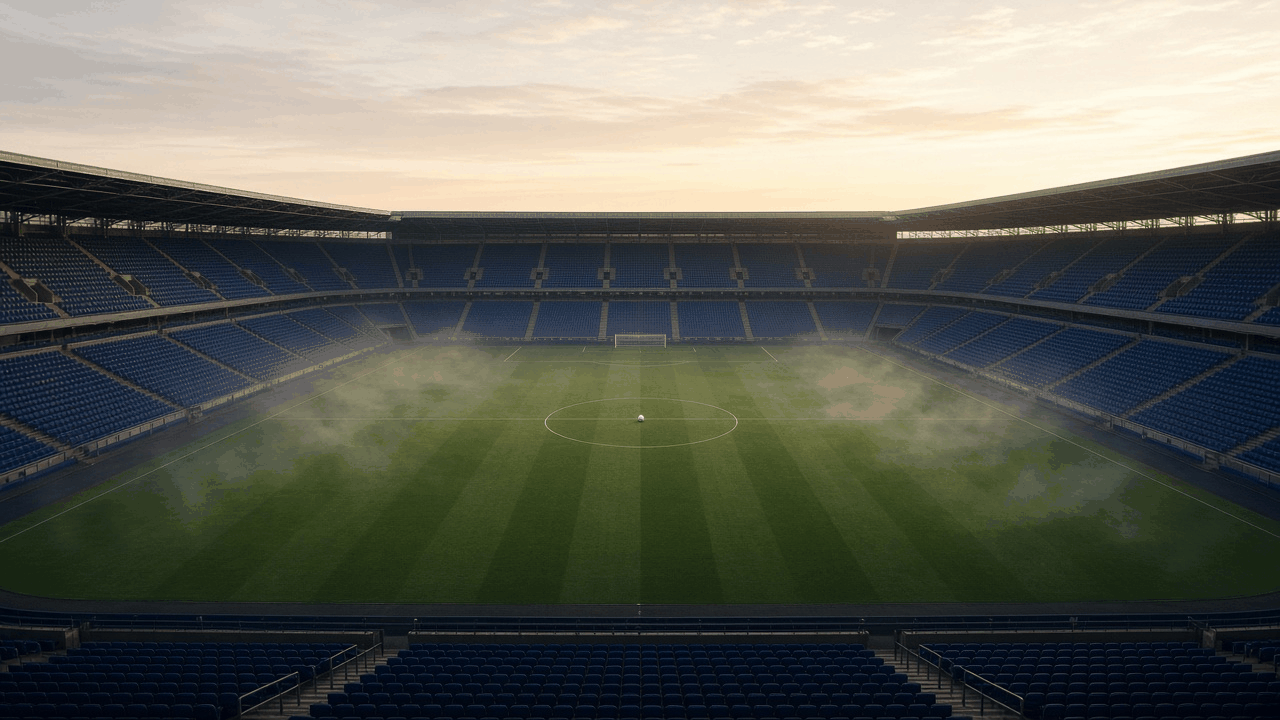 Empty soccer stadium in London before an early kickoff, with no people, text or logos