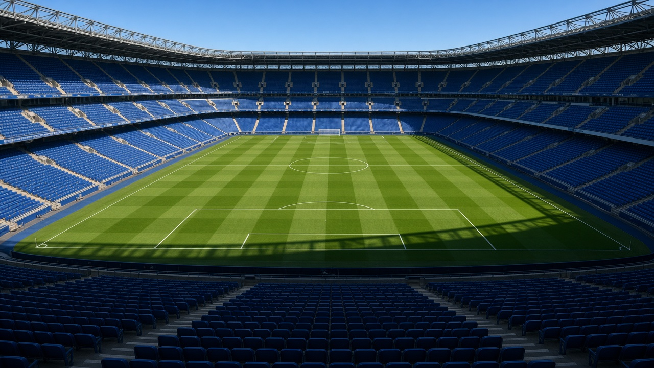 Empty London soccer stadium under a pale blue autumn sky, steep blue seats, striped green pitch, ball on the center spot, no people