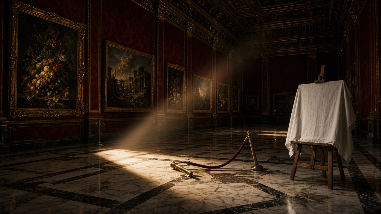 An empty Roman art gallery at night with gilded frames on red walls, a spotlight on a marble floor, a fallen velvet rope and a covered easel, no people, no text, no logos