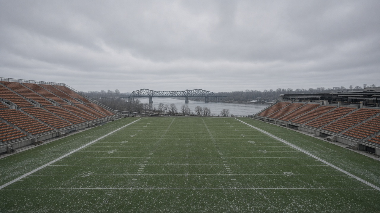 An empty riverside football stadium with orange seats and a steel bridge under a gray winter sky