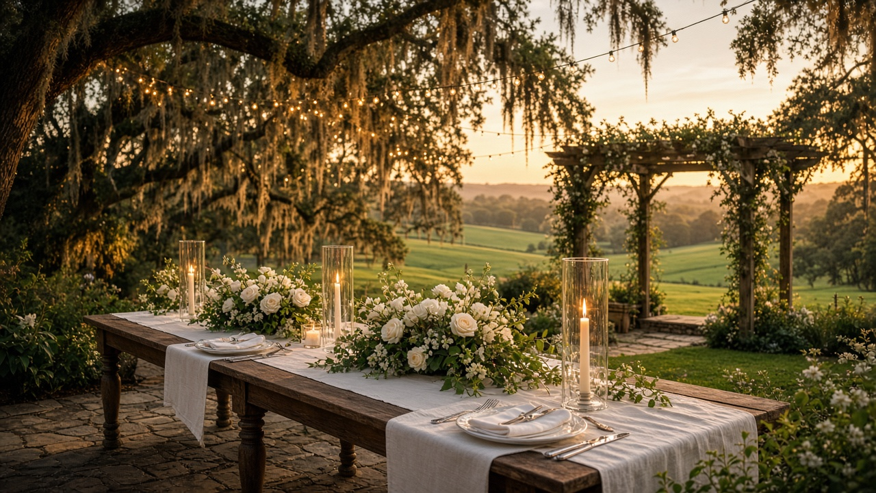 Candlelit outdoor dinner table with white linen, white roses and glass hurricanes under oak trees draped in Spanish moss and string lights, with a pergola and green fields at golden hour, no people, no text, no logos