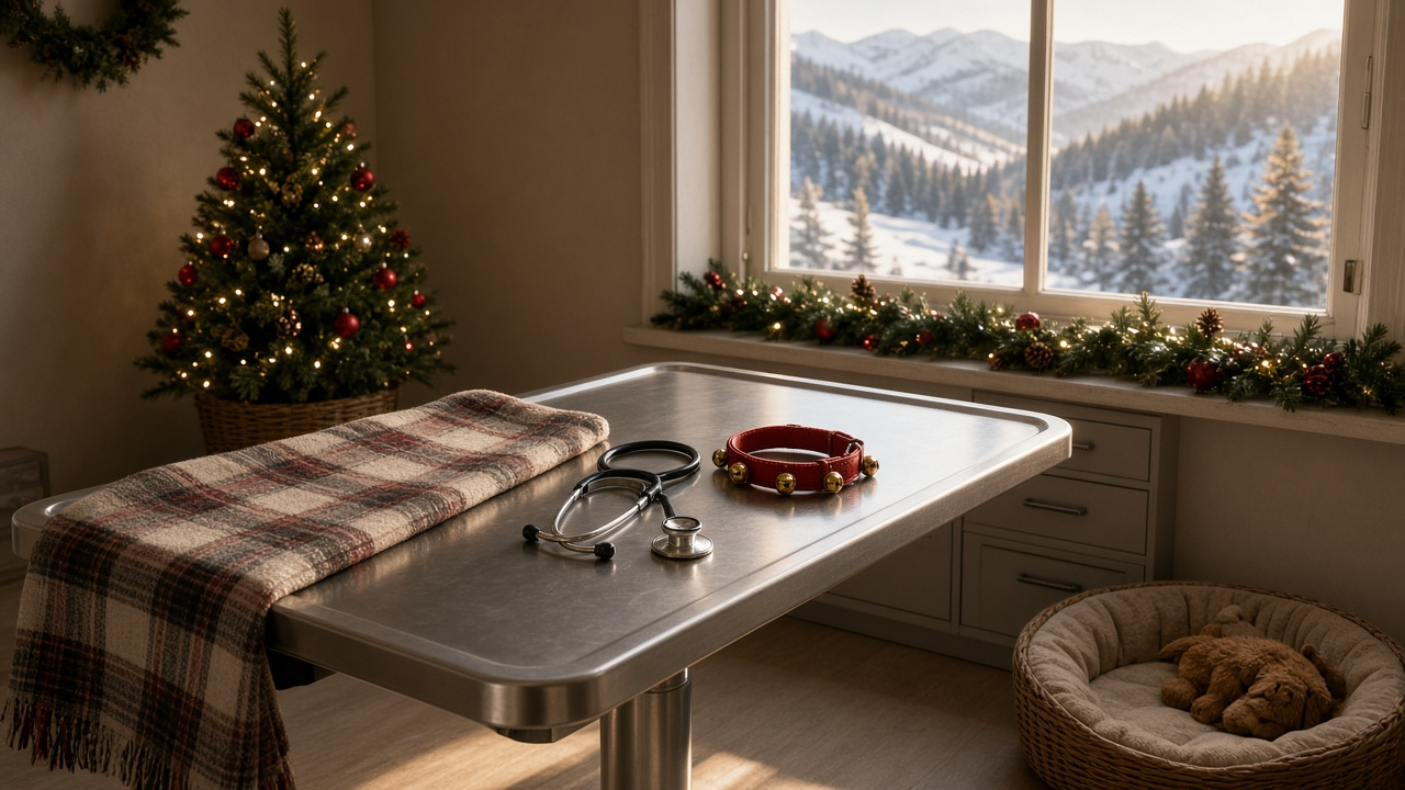 Small-town veterinary exam room at Christmas with a stethoscope, a red jingle-bell collar, a dog bed and a snowy mountain valley outside, no people